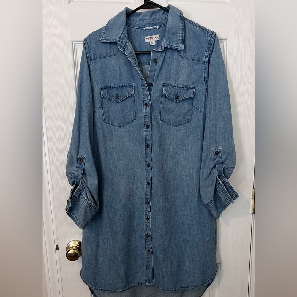 Chambray 3/4 roll up sleeved pocketed button up dress